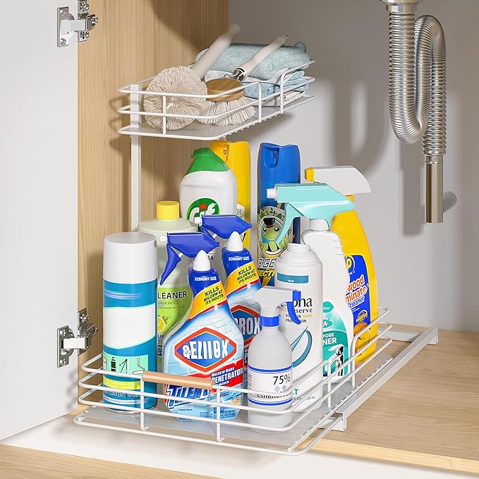 LAMU Under Sink Organizers and Storage, Pull Out Bathroom Kitchen Cabinet Organizers and Storage, 2-Tier White Under Sink Shelf Organizer Under Counter Storage Organizer