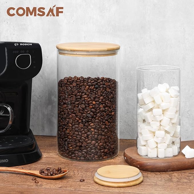 ComSaf Glass Food Storage Containers with Bamboo Lid (1.1Gallon/44oz), Glass Jar with Airtight Lid Clear Glass Food Canister Set of 2 for Dry food like Rice, Sugar, Flour, Pasta, Cereal, Beans, Nuts