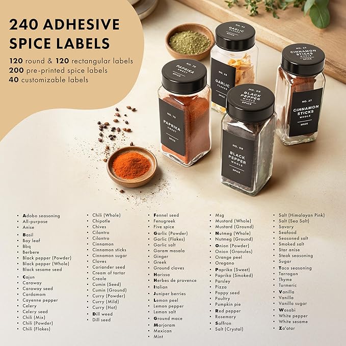 Glass Spice Jars with Label and Black Lids (24 x 4oz) Spice Containers with 240 Labels, Shaker Inserts, Steel Funnel, Empty Square Empty Square Seasoning Organizer