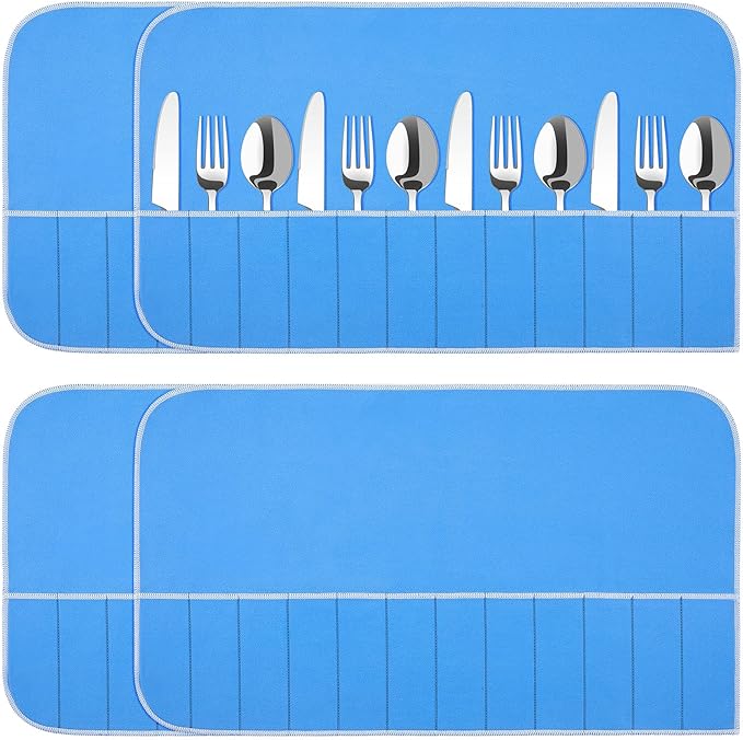 4 Pieces Silver Storage Bags Anti Tarnish Silver Protector Bags Blue Holder for Flatware Storage Organizer Place Setting Roll with White Ribbon for Kitchen Utensils