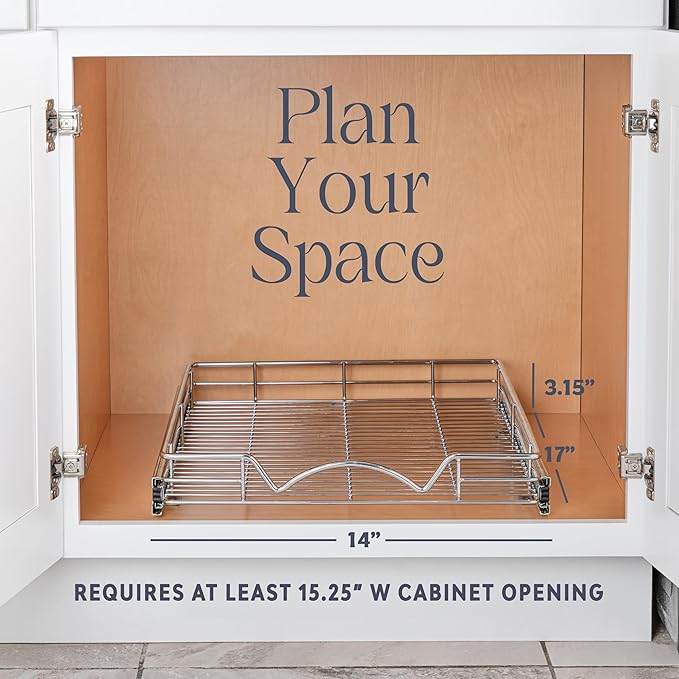 HOLDN’ STORAGE Pull Out Cabinet Organizer, Heavy Duty-w/Lifetime Limited Warranty -14”W x 17”D-Requires At Least 15-1/4” Cabinet Opening, Steel Metal Cabinet Drawers Slide Out, Chrome Finish