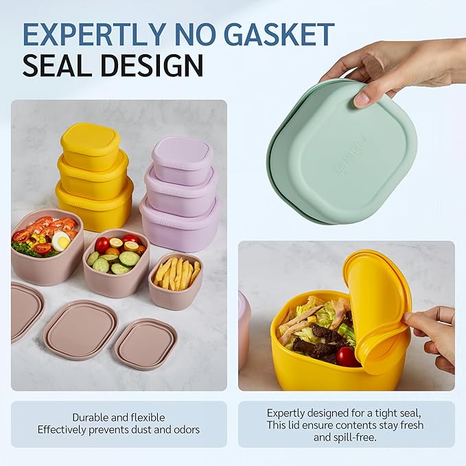 ISSEVE 12Pcs/Set Nesting Silicone Food Storage Containers with Lids, BPA Free Reusable Meal Prep Silicone Containers Airtight, Freezer Dishwasher Safe (33.8oz, 20oz, 10oz, 6.7oz, 1.3oz) (Yellow)