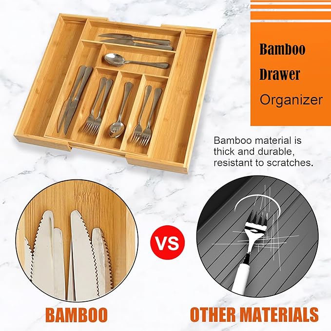 Expandable Bamboo Silverware Drawer Organizer for kitchen, bamboo drawer organizer of 8 Compartments, Flatware and Kitchen Utensils organizer(Natural)