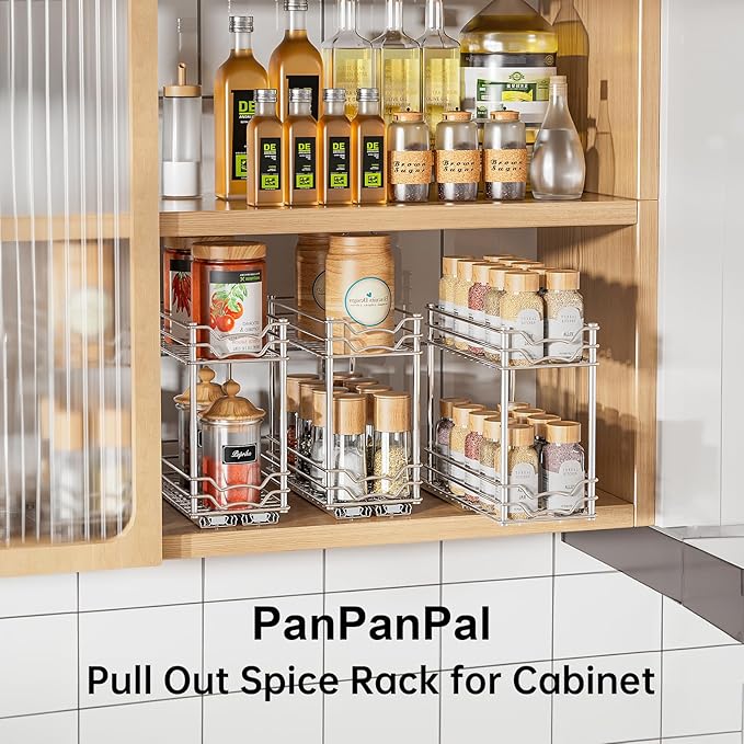 Pull Out Spice Rack Organizer for Inside Cabinet, Slide Out Chrome Spice Organization for Cabinet, Easy to Install Seasoning Organizer for Kitchen Storage, 4.9''Wx10.4''Dx9.57''H - 2 Tier