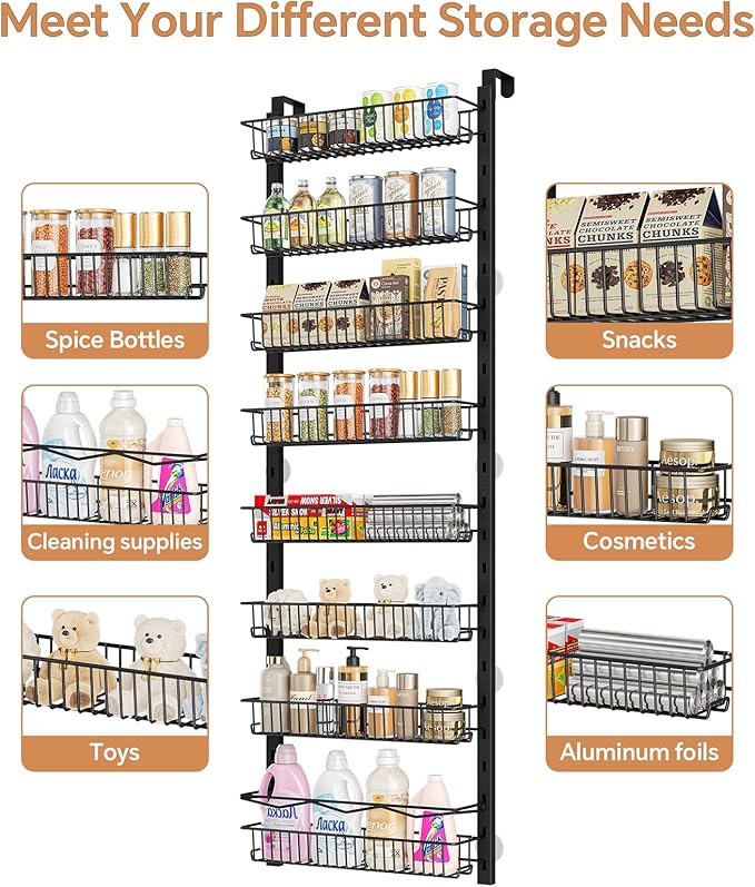 Over the Door Pantry Organizer, 8-Tier Adjustable Spice Rack Cabinet Door Shelves, Hanging Seasoning Organizer for Kitchen Bathroom, Laundry Room Organization, Black