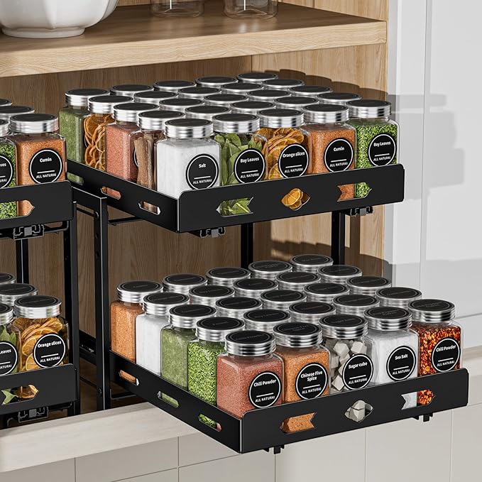 Pull Out Spice Rack Organizer, 2-Tier Vertical Spice Rack, Height Adjustable for Kitchen Cabinet (11.9''Wx10.8''Dx9.2''H, Metal Black)
