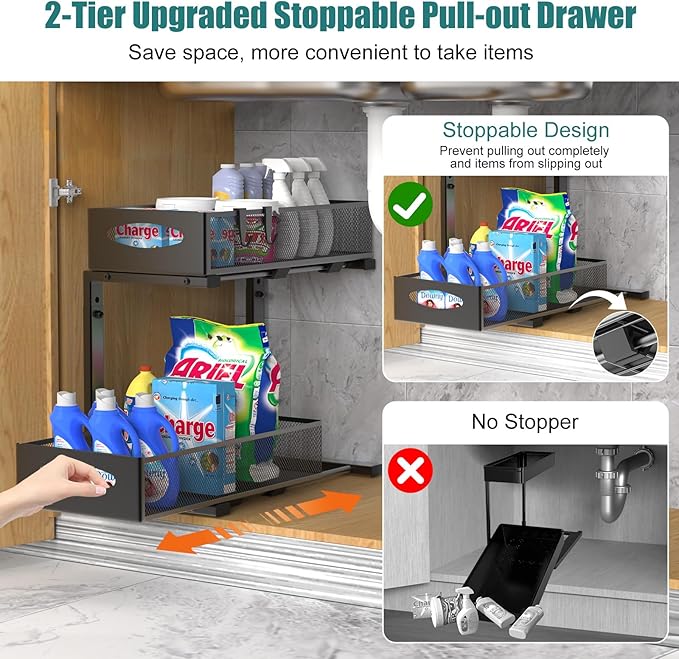 1 Pack Under Sink Organizer, 2 Tier Metal Pull Out Under Sink Storage with Sliding Mesh Drawers, Height Adjustable Slide Out Under Sink Organizer for Kitchen Bathroom Cabinet, Black