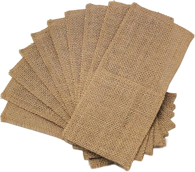FQTANJU 50 Pcs Burlap Utensils Holders, 4"x8.8" Natural Jute Cutlery Pouch Silverware Holder Knives Forks Spoon Napkin Bag for Rustic Wedding Party Decorations favors