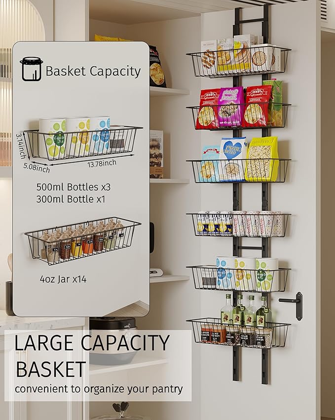 Over The Door Pantry Organizer, 6-Tier Pantry Organizers and Storage with Adjustable Basket, Heavy Duty Metal Spice Rack for Kitchen Bathroom Laundry Room(Black)