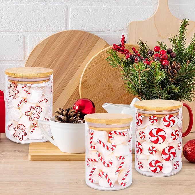 3Pcs Christmas Glass Storage Jars Red White Candy Cane Gingerbread Man Clear Canisters Sets with Airtight Lid for Xmas Home Kitchen Countertop Decor