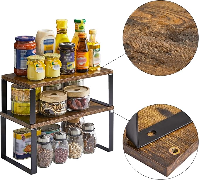 YMYNY Cabinet Shelf Organizer, Spice Racks Set of 4, Kitchen Counter Shelves, Stackable, Cupboard Organizer for Dishes, Seasoning, Cosmetics, Cans, Coffee Mugs, Rustic Brown, UHSR002H-2