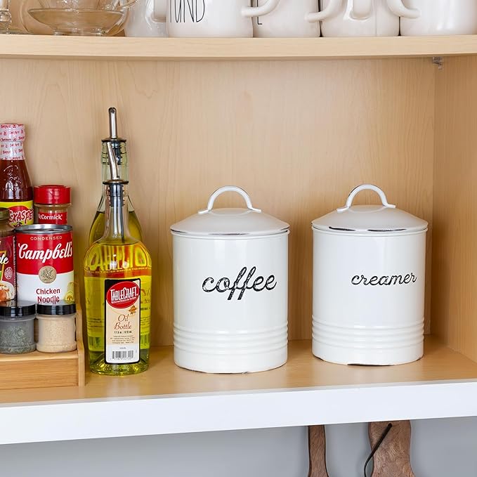 AuldHome Design Enamelware White Coffee Canister; Rustic Distressed Style Tea Storage for Kitchen