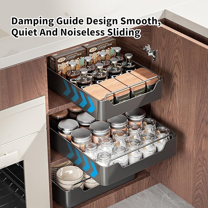Pull out Cabinet Organizer,Nano adhesive fixing without harming cabinets,Slide out drawer storage rack for plates and spice bottles in kitchen and living room,12.2" W *16.9" D* 2.75" H