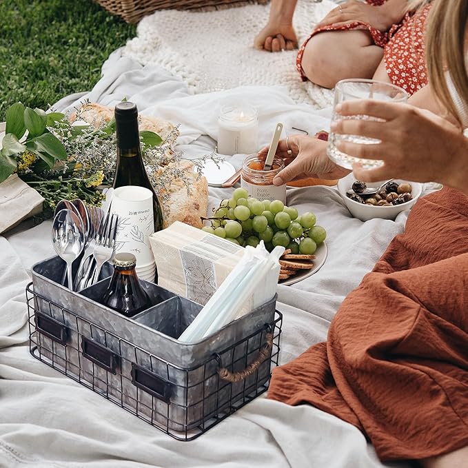 NIKKY HOME Farmhouse Utensil Caddy for Parties, Flatware Caddy for Countertop, Rustic Galvanized Silverware Cutlery Caddy with Napkin Holder for Kitchen, Dining, Outdoors, Picnics, Parties - Silver