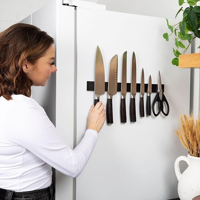 Black Magnetic Knife Holder 16 Inch Magnetic Strip for Wall and Fridge, No Drill Installation, Strong Adhesive Stainless Steel Organizer