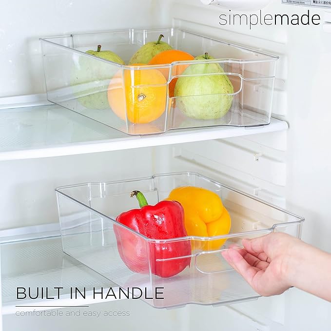 SIMPLEMADE Clear Refrigerator Organizer Bins - Clear Bins for Fridge, Containers for Fridge and Freezer, Multipurpose Storage for Kitchen, Office, Bathroom, Pack of 4 (8" x 12")