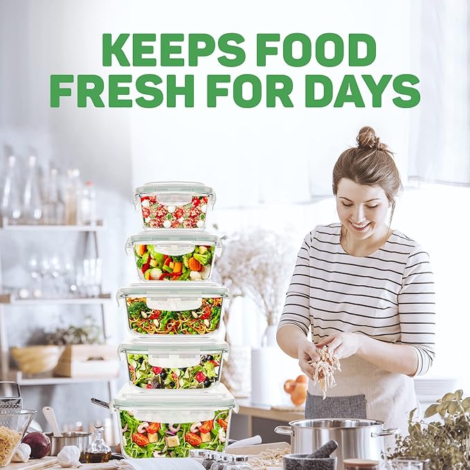 Razab 10 Pcs Glass Food Storage Containers with Lids โ 74, 40, 27 & 18 Oz | Glass Meal Prep Containers Reusable | Lunch Containers with Lids, BPA-free freezer storage