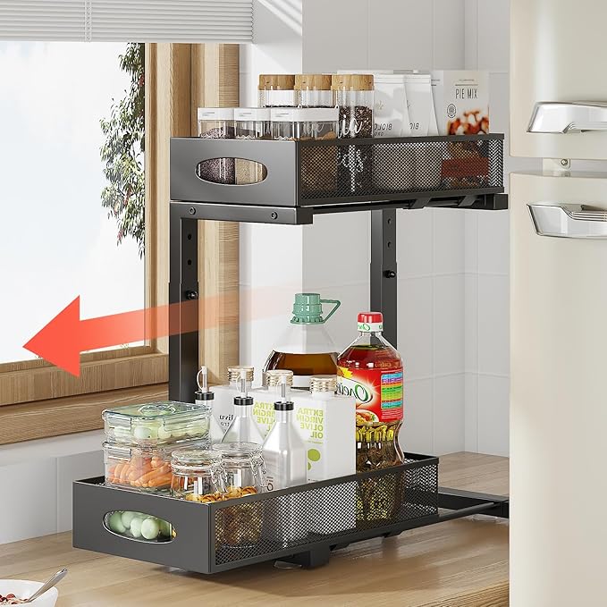 Under Sink Organizer, 2-Tier Put Out Cabinet Organizer, Adjustable Rust Proof Under Sink Organizers and Storage, Kitchen Undersink Organizers for Kitchen, Bathroom, Cabinet, Counter, 2 Pack, Black