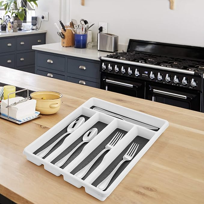 HaWare Silverware Tray for Drawer with Five Sections, Flatware Organizer/Cutlery Holder with Soft Grip Lining and Non-slip Rubber Feet, Multi-Purpose Storage for Kitchen, Office, Bathroom Supplies