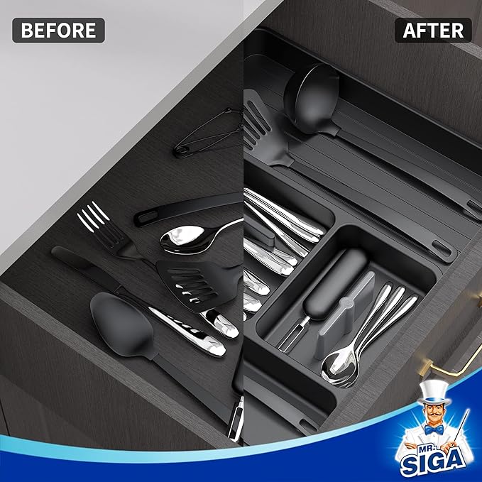 MR.SIGA Expandable Silverware Organizer, Flatware Organizer for Drawer, Utensil Organizer and Adjustable Cutlery Tray for Kitchen Drawer, Black