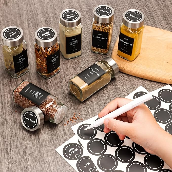 6 Pcs Glass Spice Jars with Lids, 4oz spice jars with label, seasoning containers Set, Comes with spice bottle caps, Silicone Collapsible Funnel,chalk, for Spice Rack, Cabinet, Drawer