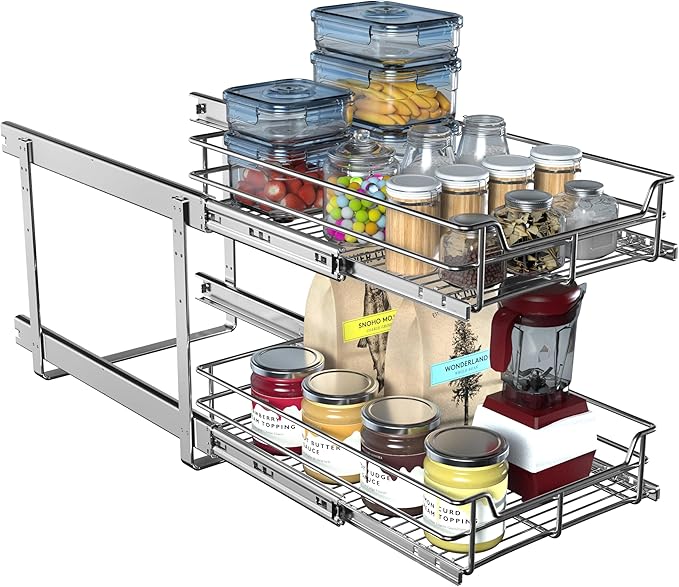 2-Tier Cabinet Pull Out Shelves (14"W x 22"D), Slide Out Shelves for Kitchen Cabinets, Metal Under Cabinet Roll Out Shelf