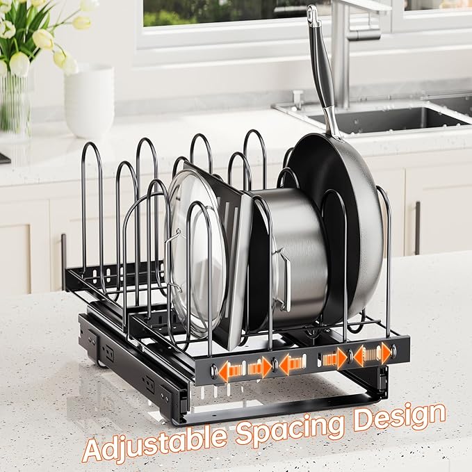Pots and Pans Organizer for under Cabinet, Pull Out Pan Organizers inside Cabinet with Adjustable Dividers, Kitchen Cabinet Organizers and Storage for Cast-iron Pan, Cutting Board, Pot Lid
