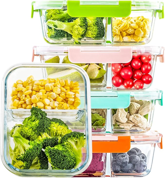 C CREST Glass Meal Prep Containers 2 Compartment Set, 5-Pack, 34oz, Glass Bento Boxes for Adults, Divided Glass Lunch Containers with Lids