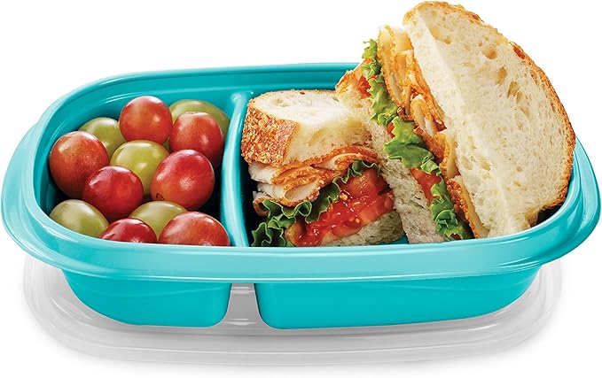 2 Sets of Rubbermaid TakeAlongs On the Go Food Storage and Meal Prep Containers, 3.7 Cup Divided Rectangle, 3-Pack, Teal Splash