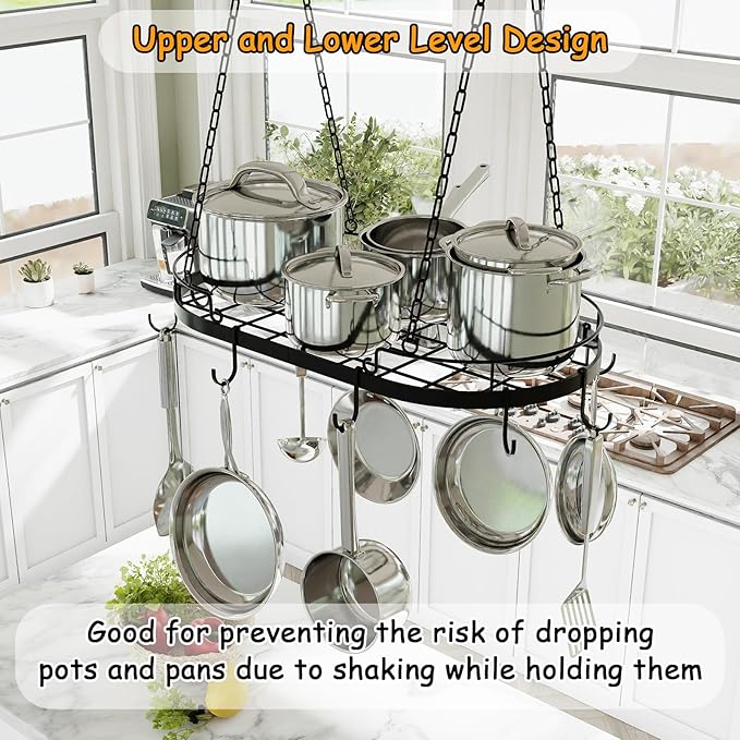 24.4” Metal Pot Rack Hanging, Oval Pan Rack Hanging with Hooks, Heavy Duty Ceiling Pot Rack with Grid, Pot and Pan Hangers for Kitchen Cookware Utensils Toiletries, Easy Assembly, Black