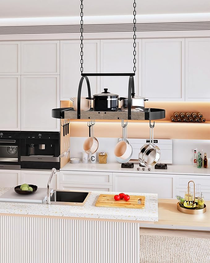 Hanging Pot Rack, Pot Hanger for Kitchen, Ceiling Mounted Pot Holder, Cookware Organizer with 12 S-Shaped Hooks, for Pot, Pan Storage, Space-Saving, Greige and Black TPR08BGC1
