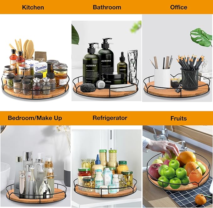 Lazy Susan Turntable Organizer with Anti-Slip Mat for Cabinet Pantry Kitchen Countertop Refrigerator Office, Pine Wood, 11", Carbonized Black