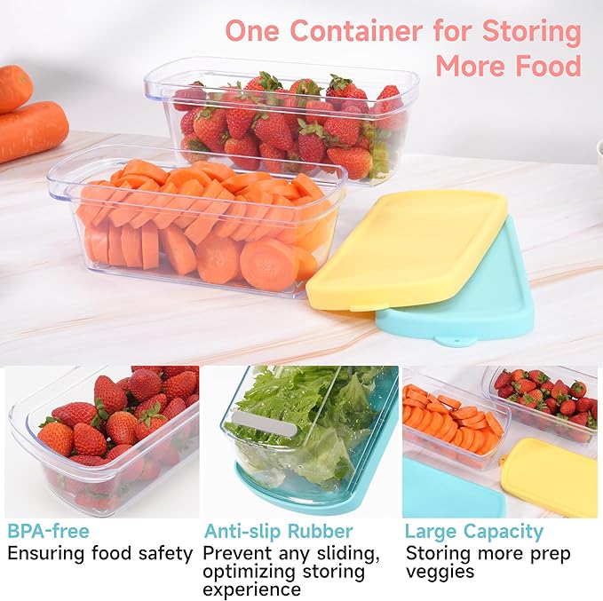 2 Packs Fridge Organizer Food Storage Containers Bins Compatible with Fullstar Chopper, Veggie Container, BPA-Free Food-grade, Clear Veggie Prep Containers, Airtight Food Containers for Chopped Veggie
