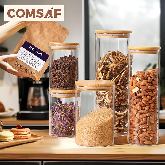 ComSaf Glass Food Storage Jars Set of 6, Clear Glass Storage Containers with Lids, Canisters Sets for the kitchen, Spaghetti, Pasta, Flour, Nuts, Oat, Coffee and Sugar Container, Pantry Organization