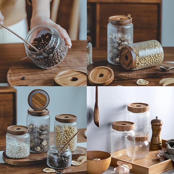 24 OZ Glass Coffee Jar with Wooden Lid 700ml Clear Vintage Glass Storage Canister Anti-slip Decorative Jars with Lids for Food Candy Coffee Beans Cookie Sugar