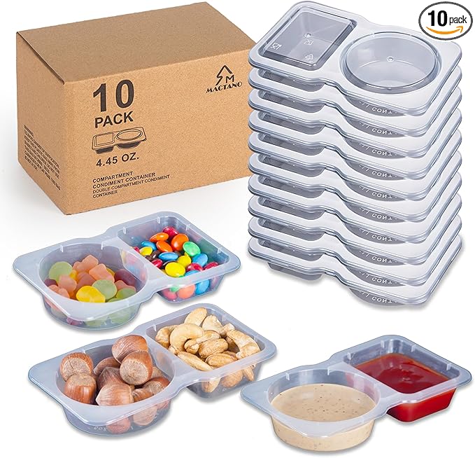 10 Sets Condiment Container with Lid, Disposable Double Compartment Plastic Container for Sauce Snack