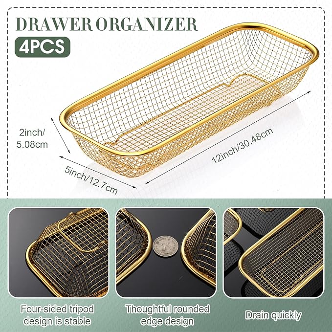 4 Pcs Gold Kitchen Drawer Baskets Stainless Steel Storage Container Mesh Storage Golden Utensil Holder Wire Basket Stackable Drying, 12 x 5 x 2 Inch