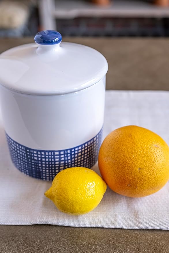 Vietri Viva Santorini Geo Medium Canister Stylish Ceramic Earthenware Kitchen Storage Jar with Lid 6.5 Inch Blue White