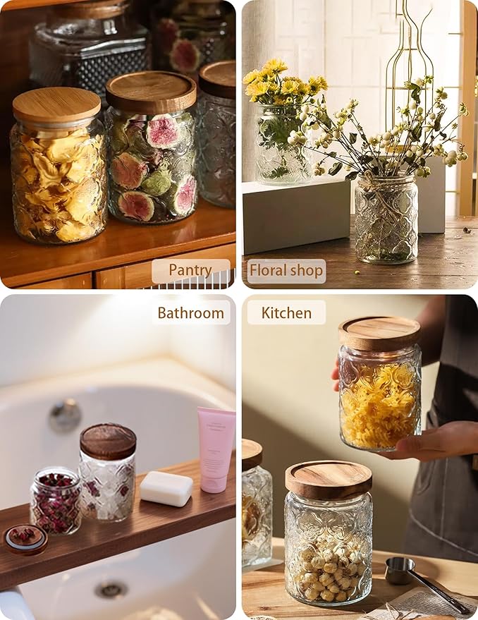 Vintage Glass Jar with Lid – Airtight Container for Ground Coffee, Flour, Cookies, Candy, Glass Canisters for Kitchen and Pantry Storage, Begonia, 24oz