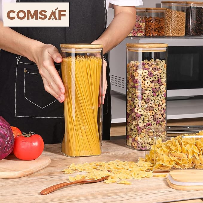 ComSaf Glass Spaghetti Pasta Storage Containers with Lids 73oz Set of 3, Tall Clear Airtight Food Storage Jar with Lid for Noodles Flour Oat Cereal Sugar Beans, Sqaure Spaghetti Pantry Containers