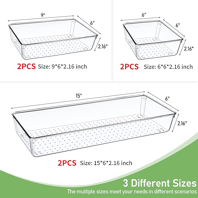 6 PCS Clear Plastic Drawer Organizer, Large 15" X 6" 3-Size Acrylic Stackable Kitchen Drawer Storage Tray, Bathroom Drawer Organizer Trays, Storage bins for Cosmetics Bathroom Kitchen Office