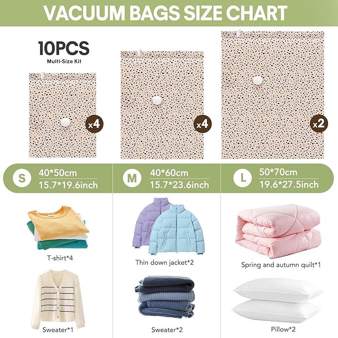 10 Pack Travel Vacuum Storage Bags with Electric Pump, 2 Large + 4 Medium + 4 Small Vacuum Sealer Bags, 80% Space Saver Bags for Luggage, Comforters and Blankets, Travel Essentials(Beige Leopard)
