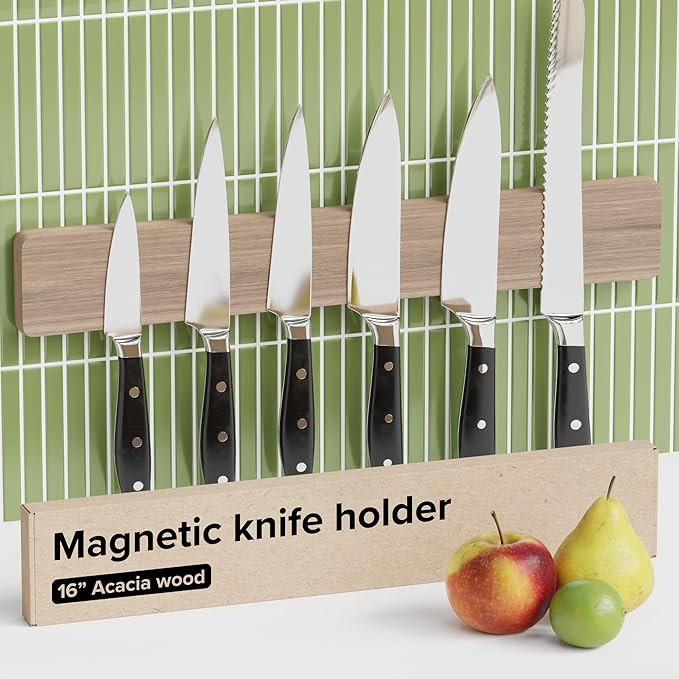 Wooden Knife Magnetic Strip 16" Acacia Wood Whitewashed Oak β Magnetic Knife Holder for Wall no Screws β Kitchen Utensil Holder, Knife Bar, Knife Rack, Kitchen Organizer and Tool Holder