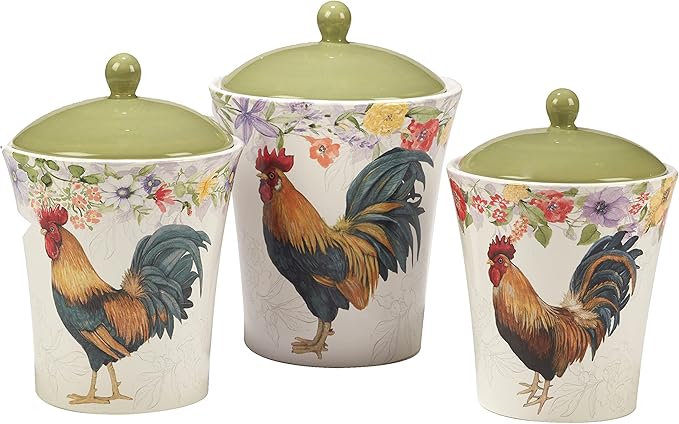 Certified International Floral Rooster 3 Piece Canister Set 54 oz, 72 oz, 104 oz, Multicolor