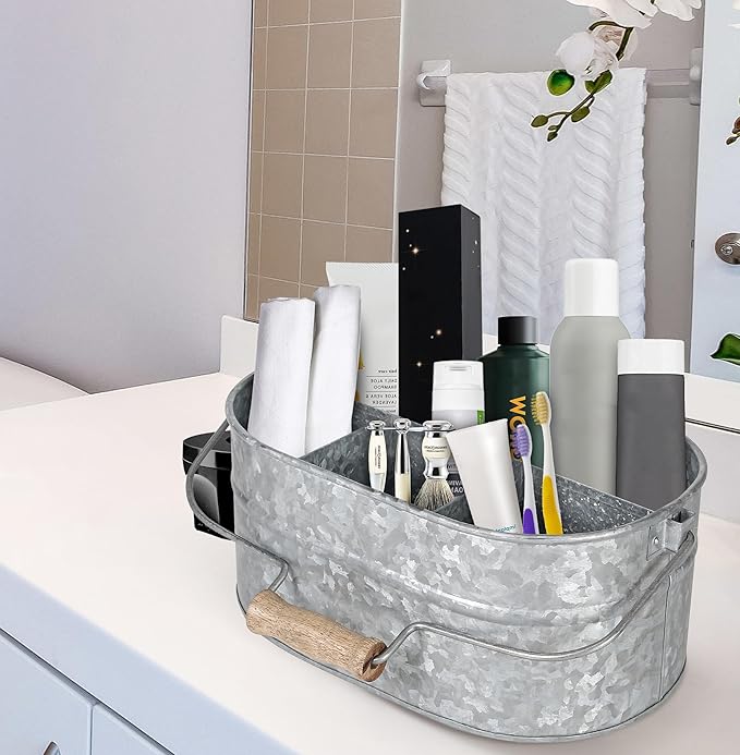 CLEENTABLE Galvanized Farmhouse Utensil Caddy – 4-Compartment Tin Organizer for Kitchen, Parties & Outdoor Use (13.5” L x 10” W x 5.5” H, Removable Handle)
