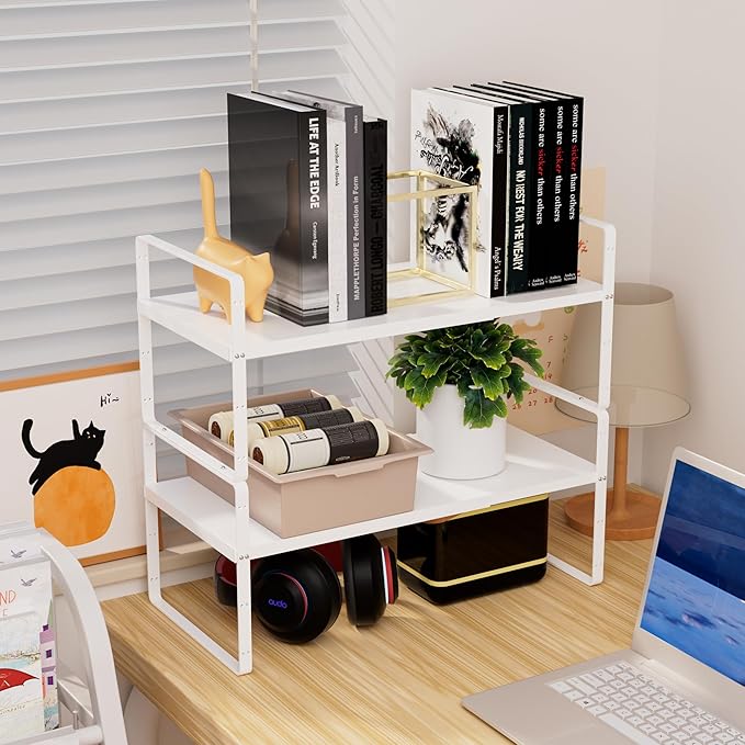 Cabinet Organizer Shelf Expandable Cabinet Spice Rack Stackable Shelves Adjustable Storage Shelf for Kitchen Pantry Countertop Cupboards Bathroom,White,8.07",2 Packs