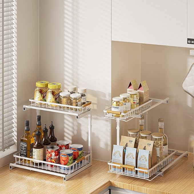 Delamu 2 Pack Under Sink Organizer and Storage, 2 Tier Pull Out Cabinet Organizer, Slide Out Under Sink Storage Shelf, Undersink Organizers Shelves for Kitchen Bathroom Pantry Organization