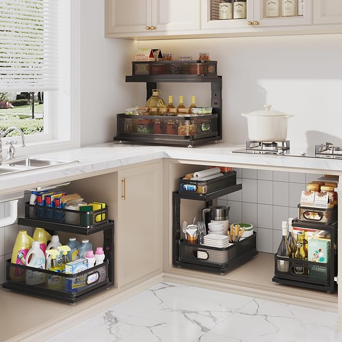 1 Pack 15.5IN-Depth Under Sink Organizer With Next-Gen Ball-Bearing Slides,2-Tier Precision Mesh Pull Out Cabinet Storage for Bathroom&Kitchen,Height Adjustable Drawers Shelf,Anti-rust-Black