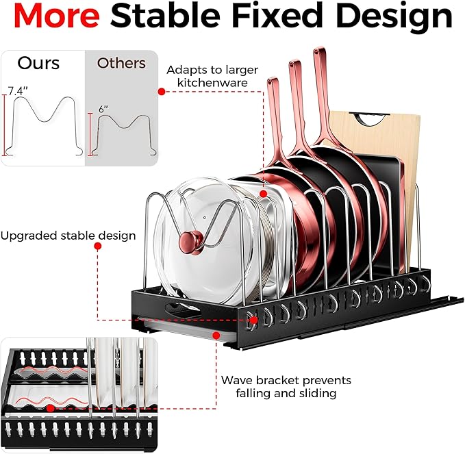 Pull Out Pots and Pans Organizer Under Cabinet, 20” Deep Pot Lid Rack with 10 Adjustable Dividers, No Drill Slide Out Inside Shelves Storage for Kitchen Cutting Board Bakeware Cookware Dishes