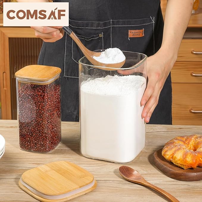 ComSaf Glass Pantry Storage Containers, 148/51 oz Large Square Flour and Sugar Containers with Airtight Lids, Gallon Glass Jars with Bamboo Lids for Rice, Pasta, Cookies, Coffee Beans